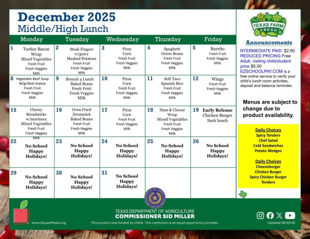 graphic of MS/HS Lunch menu